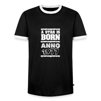Né en 1977 - T-shirt contrasté Homme - noir/blanc - Devant - AI Model Female 172 light (172cm) & AI Model Male 178 light (178cm)
