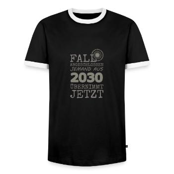 2030 - Men's Ringer Shirt - black/white - Front - AI Model Female 172 light (172cm) & AI Model Male 178 light (178cm)