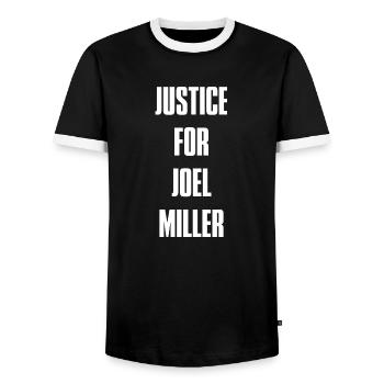 Justice For Joel Miller - White Text - Men's Ringer Shirt - black/white - Front - AI Model Female 172 light (172cm) & AI Model Male 178 light (178cm)