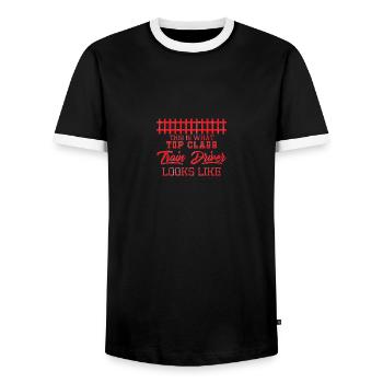 Lokführer, Zugführer, Eisenbahn, U-Bahn, ICE, Zug - Männer Kontrast-T-Shirt - Schwarz/Weiß - Vorne - AI Model Female 172 light (172cm) & AI Model Male 178 light (178cm)