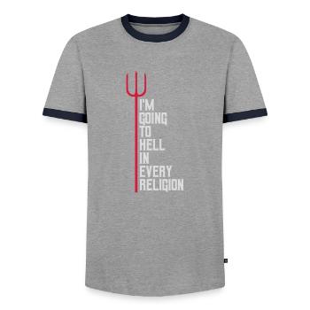 in going to hell - Men's Ringer Shirt - grey/navy  - Front - AI Model Female 172 light (172cm) & AI Model Male 178 light (178cm)