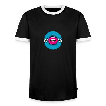 Pop Art / Comic: WOW - Mund, Lippen, Kussmund - Männer Kontrast-T-Shirt - Schwarz/Weiß - Vorne - AI Model Female 172 light (172cm) & AI Model Male 178 light (178cm)