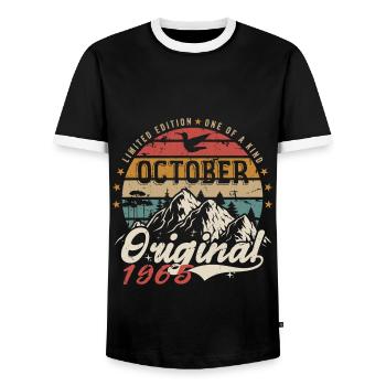 Birthday Gift - Vintage Born October 1965 - Men's Ringer Shirt - black/white - Front - AI Model Female 172 light (172cm) & AI Model Male 178 light (178cm)