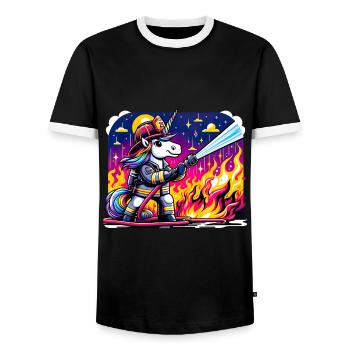 Lustiges Einhorn als Feuerwehrmann - Männer Kontrast-T-Shirt - Schwarz/Weiß - Vorne - AI Model Female 172 light (172cm) & AI Model Male 178 light (178cm)