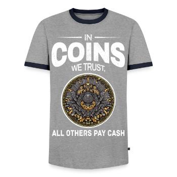 Coin Collecting Collector Numismatic Numismatist - Men's Ringer Shirt - grey/navy  - Front - AI Model Female 172 light (172cm) & AI Model Male 178 light (178cm)