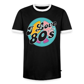Retro 80s Era Vintage Eighties 80s - Men's Ringer Shirt - black/white - Front - AI Model Female 172 light (172cm) & AI Model Male 178 light (178cm)