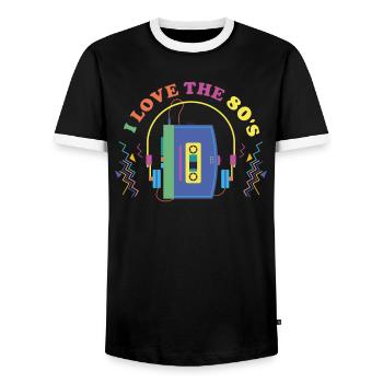 Retro 80s Era Vintage Eighties 80s - Men's Ringer Shirt - black/white - Front - AI Model Female 172 light (172cm) & AI Model Male 178 light (178cm)
