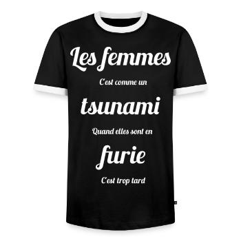 LES FEMMES C'EST COMME UN TSUNAMI - Humour homme - T-shirt contrasté Homme - noir/blanc - Devant - AI Model Female 172 light (172cm) & AI Model Male 178 light (178cm)
