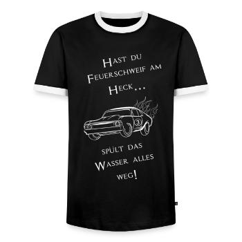Sprüche T Shirt Hast du Feuerschweif am Heck - Männer Kontrast-T-Shirt - Schwarz/Weiß - Vorne - AI Model Female 172 light (172cm) & AI Model Male 178 light (178cm)