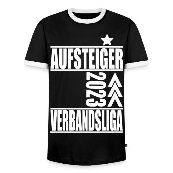 Aufsteiger Verbandsliga 2023 Aufstiegstrikot - Männer Kontrast-T-Shirt - Schwarz/Weiß - Vorne - AI Model Female 172 light (172cm) & AI Model Male 178 light (178cm)