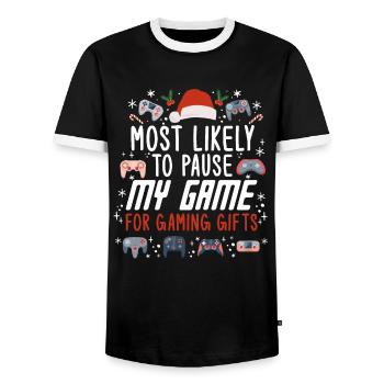 Christmas Gamer Pause My Game For Gaming Gifts - Men's Ringer Shirt - black/white - Front - AI Model Female 172 light (172cm) & AI Model Male 178 light (178cm)
