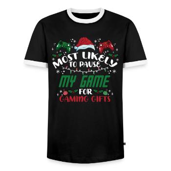 Christmas Gamer Pause My Game For Gaming Gifts - Men's Ringer Shirt - black/white - Front - AI Model Female 172 light (172cm) & AI Model Male 178 light (178cm)