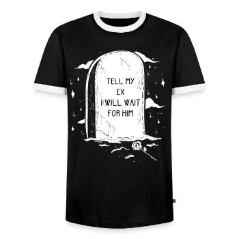 Halloweenspruch "Tell my ex I'm waiting for him" - Men's Ringer Shirt - black/white - Front - AI Model Female 172 light (172cm) & AI Model Male 178 light (178cm)