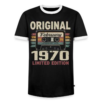 Février 1970, Cadeau d'Anniversaire février 1970 - T-shirt contrasté Homme - noir/blanc - Devant - AI Model Female 172 light (172cm) & AI Model Male 178 light (178cm)