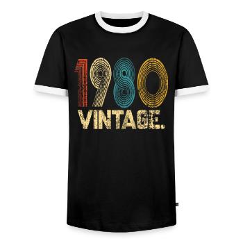 1980 VINTAGE Funny Birthday Gift - Men's Ringer Shirt - black/white - Front - AI Model Female 172 light (172cm) & AI Model Male 178 light (178cm)
