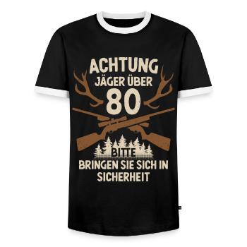 80. Geburtstag Jäger 80 Jahre Jagd - Männer Kontrast-T-Shirt - Schwarz/Weiß - Vorne - AI Model Female 172 light (172cm) & AI Model Male 178 light (178cm)