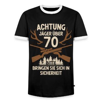 70. Geburtstag Jäger 70 Jahre Jagd - Männer Kontrast-T-Shirt - Schwarz/Weiß - Vorne - AI Model Female 172 light (172cm) & AI Model Male 178 light (178cm)