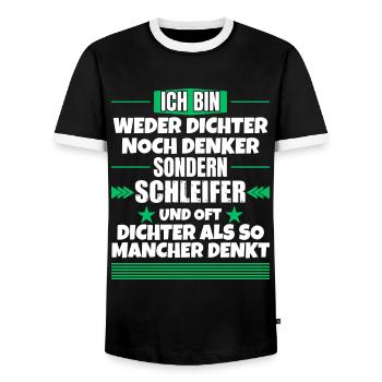 Neither poet nor thinker, but grinder - Men's Ringer Shirt - black/white - Front - AI Model Female 172 light (172cm) & AI Model Male 178 light (178cm)