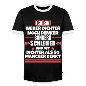 Neither poet nor thinker, but grinder - Men's Ringer Shirt - black/white - Front - AI Model Female 172 light (172cm) & AI Model Male 178 light (178cm)