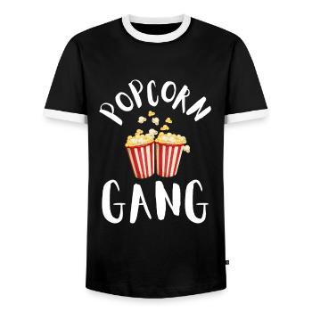 Popcorn Machine Movie Lover Theater Cinema - Men's Ringer Shirt - black/white - Front - AI Model Female 172 light (172cm) & AI Model Male 178 light (178cm)