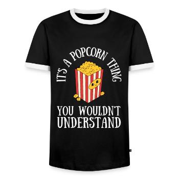 Popcorn Machine Movie Lover Theater Cinema - Men's Ringer Shirt - black/white - Front - AI Model Female 172 light (172cm) & AI Model Male 178 light (178cm)