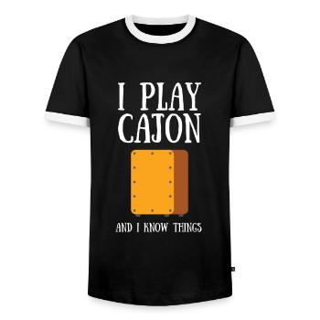 Cajon Box Drum Instrument Peruvian Cajon - Men's Ringer Shirt - black/white - Front - AI Model Female 172 light (172cm) & AI Model Male 178 light (178cm)