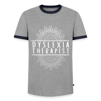 Dyslexic Reading Therapy Awareness Month, Dyslexia - Men's Ringer Shirt - grey/navy  - Front - AI Model Female 172 light (172cm) & AI Model Male 178 light (178cm)