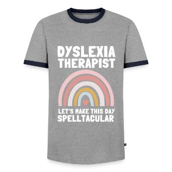 Dyslexic Reading Therapy Awareness Month, Dyslexia - Men's Ringer Shirt - grey/navy  - Front - AI Model Female 172 light (172cm) & AI Model Male 178 light (178cm)