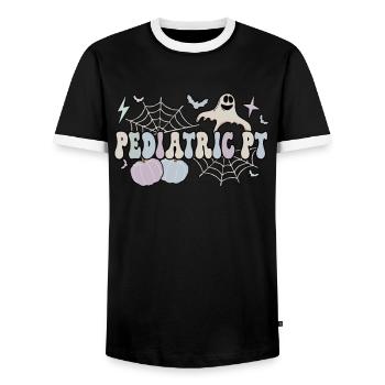 Pediatric PT Halloween Pediatric Physical Therapy - Men's Ringer Shirt - black/white - Front - AI Model Female 172 light (172cm) & AI Model Male 178 light (178cm)