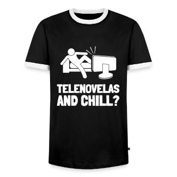 Telenovela Columbianas, Hispanic Shows, And Soap - Men's Ringer Shirt - black/white - Front - AI Model Female 172 light (172cm) & AI Model Male 178 light (178cm)