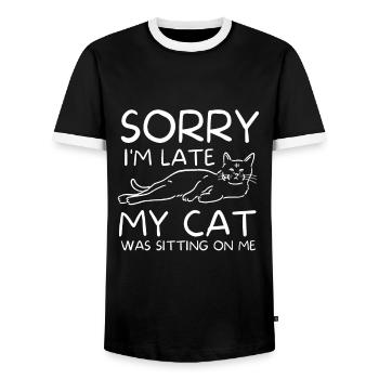Sorry I'm Late My Cat Was Sitting On Me - Men's Ringer Shirt - black/white - Front - AI Model Female 172 light (172cm) & AI Model Male 178 light (178cm)