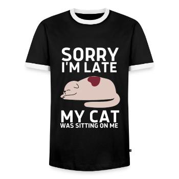 Sorry I'm Late My Cat Was Sitting On Me - Men's Ringer Shirt - black/white - Front - AI Model Female 172 light (172cm) & AI Model Male 178 light (178cm)