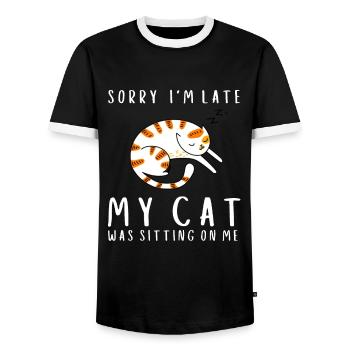 Sorry I'm Late My Cat Was Sitting On Me - Men's Ringer Shirt - black/white - Front - AI Model Female 172 light (172cm) & AI Model Male 178 light (178cm)
