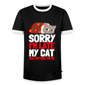 Sorry I'm Late My Cat Was Sitting On Me - Men's Ringer Shirt - black/white - Front - AI Model Female 172 light (172cm) & AI Model Male 178 light (178cm)
