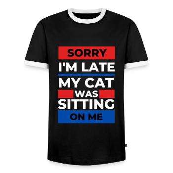 Sorry I'm Late My Cat Was Sitting On Me - Men's Ringer Shirt - black/white - Front - AI Model Female 172 light (172cm) & AI Model Male 178 light (178cm)