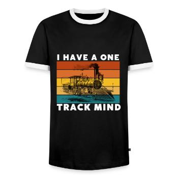 Locomotive à vapeur - J’ai un train d’ à voie unique - T-shirt contrasté Homme - noir/blanc - Devant - AI Model Female 172 light (172cm) & AI Model Male 178 light (178cm)
