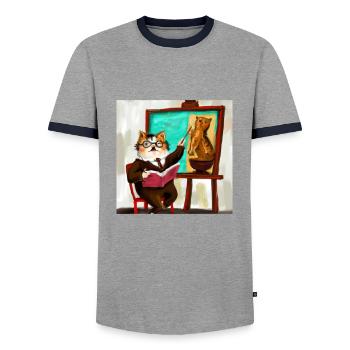 Histoire de l’art du chat - T-shirt contrasté Homme - gris/marine  - Devant - AI Model Female 172 light (172cm) & AI Model Male 178 light (178cm)