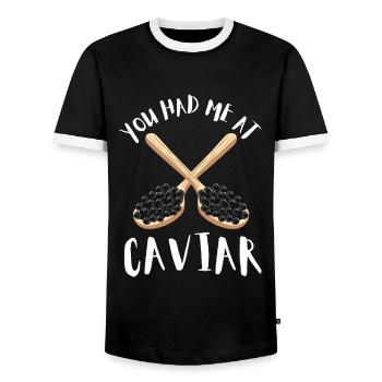 Caviar rouge de saumon à la russe - T-shirt contrasté Homme - noir/blanc - Devant - AI Model Female 172 light (172cm) & AI Model Male 178 light (178cm)