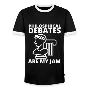 Débat philosophique Sentiment philoslothique - T-shirt contrasté Homme - noir/blanc - Devant - AI Model Female 172 light (172cm) & AI Model Male 178 light (178cm)