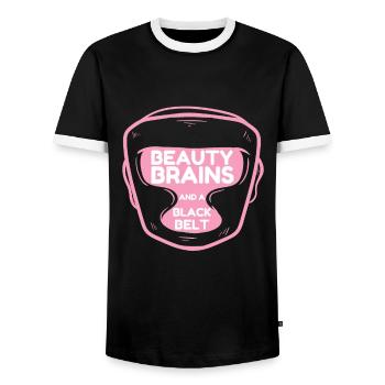 Beauty Brains And A Black Belt - Men's Ringer Shirt - black/white - Front - AI Model Female 172 light (172cm) & AI Model Male 178 light (178cm)