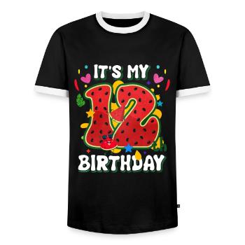 12th Birthday Watermelon Summer Gift - Men's Ringer Shirt - black/white - Front - AI Model Female 172 light (172cm) & AI Model Male 178 light (178cm)