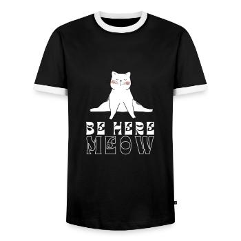 Yoga Cat - Be Here Meow - Men's Ringer Shirt - black/white - Front - AI Model Female 172 light (172cm) & AI Model Male 178 light (178cm)