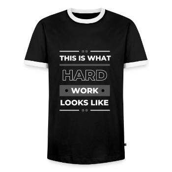 Blue Collar Worker - This is what hard work looks - Männer Kontrast-T-Shirt - Schwarz/Weiß - Vorne - AI Model Female 172 light (172cm) & AI Model Male 178 light (178cm)
