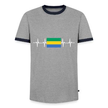 African Flag - Gabon - Men's Ringer Shirt - grey/navy  - Front - AI Model Female 172 light (172cm) & AI Model Male 178 light (178cm)