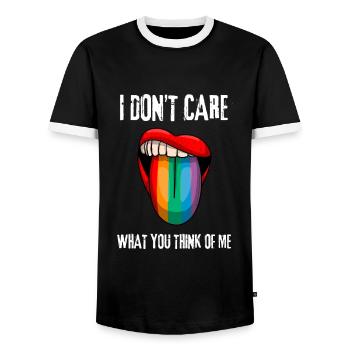 LGBTQ - I don't care what you think about me - Men's Ringer Shirt - black/white - Front - AI Model Female 172 light (172cm) & AI Model Male 178 light (178cm)