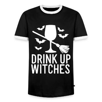 Halloween Witches Saying Drink Up Witches - Men's Ringer Shirt - black/white - Front - AI Model Female 172 light (172cm) & AI Model Male 178 light (178cm)