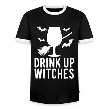Halloween Witches Saying Drink Up Witches - Men's Ringer Shirt - black/white - Front - AI Model Female 172 light (172cm) & AI Model Male 178 light (178cm)
