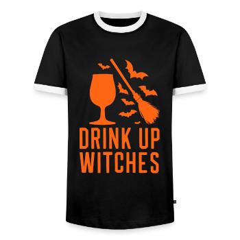 Halloween Witches' Broom Toast Drink Up Witches - Men's Ringer Shirt - black/white - Front - AI Model Female 172 light (172cm) & AI Model Male 178 light (178cm)