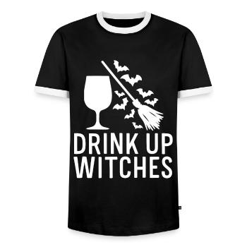 Halloween Witches' Broom Toast Drink Up Witches - Men's Ringer Shirt - black/white - Front - AI Model Female 172 light (172cm) & AI Model Male 178 light (178cm)