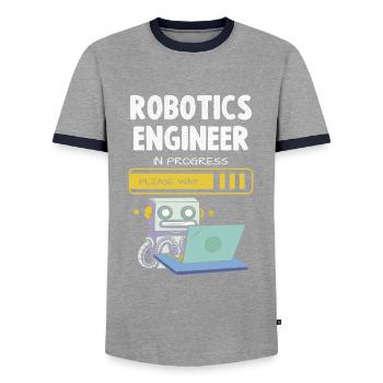 Robotics Engineer In Progress Please Wait - Men's Ringer Shirt - grey/navy  - Front - AI Model Female 172 light (172cm) & AI Model Male 178 light (178cm)